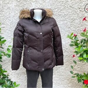 Women’s Calvin Klein Brown Puffer Jacket with Detachable Faux Fur Trim Hood.